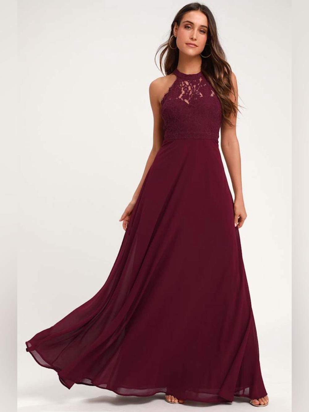 Lulus XL Dance All Evening Burgundy Lace Halter Neckline Maxi Formal Dress